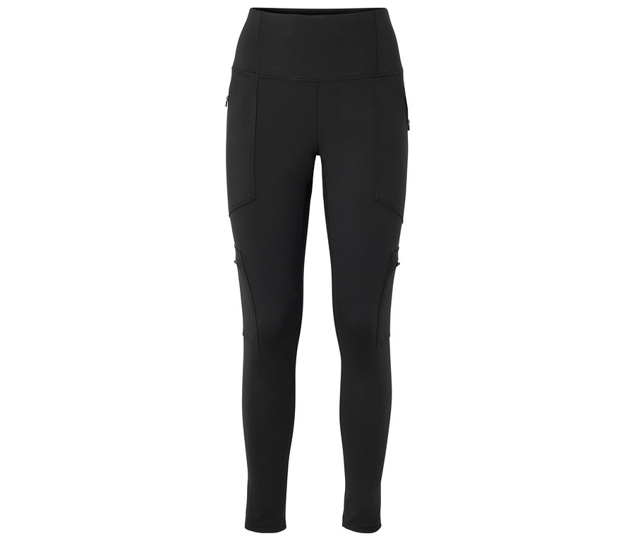 Schwarze High-Waist-Leggings mit mehreren Taschen: Reißverschluss-Taschen oben vorne und an den unteren Außenseiten der Oberschenkel sowie Patten-Taschen an den Außenseiten der Oberschenkel.