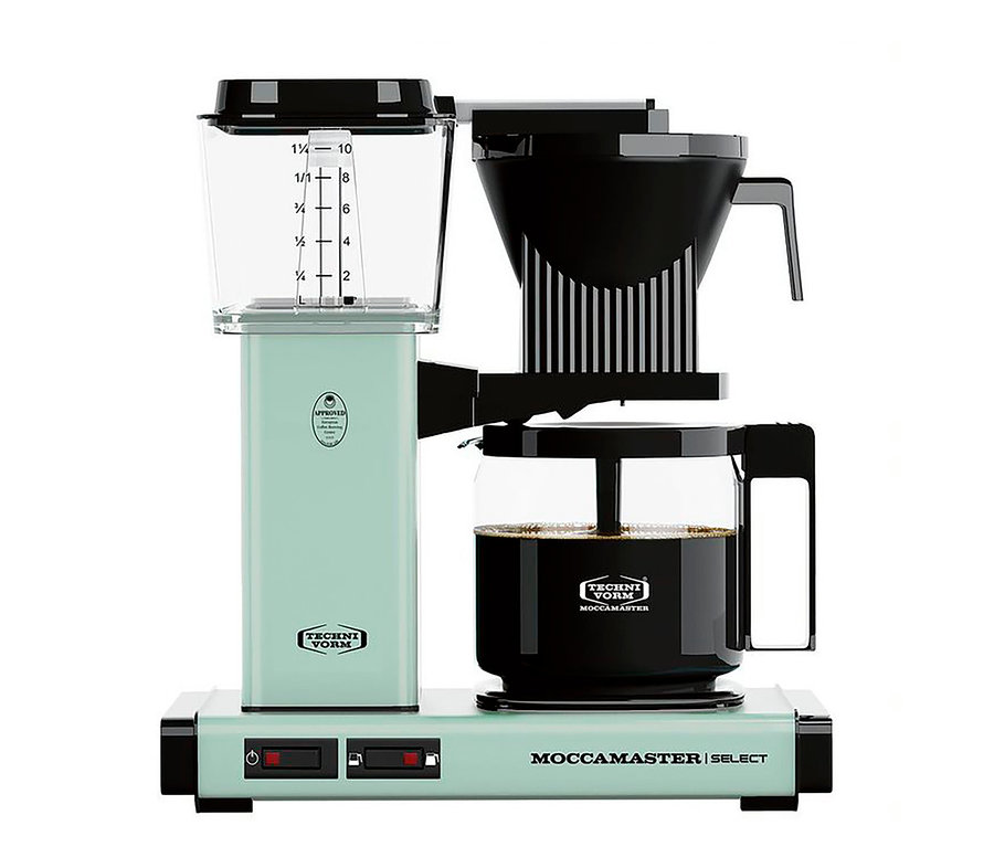 Detailaufnahme einer pastellgrünen Moccamaster KBG Select Filterkaffeemaschine.