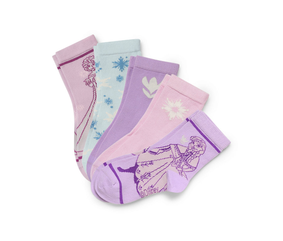 Fünf Paar verschiedenfarbige Socken mit Motiven aus dem Film Die Eiskönigin.