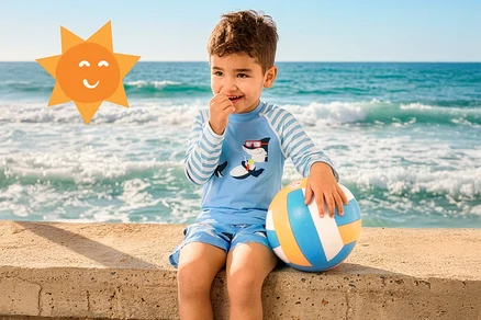Lächelnder Junge in blauem Rashguard mit Haifisch-Print und Badehose, sitzt auf einer Mauer, hält einen Strandball, mit Meer und Cartoon-Sonne im Hintergrund.