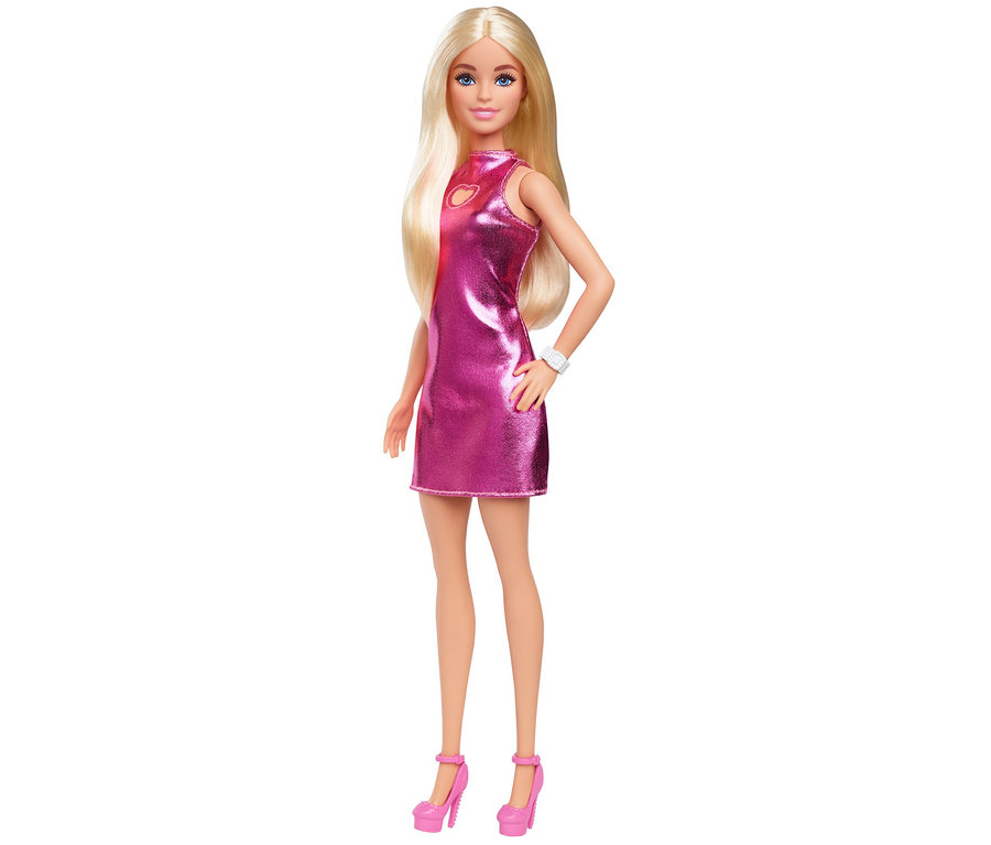 Barbie-Puppe mit blonden Haaren, pinkfarbenem Kleid und pinkfarbenen High Heels.