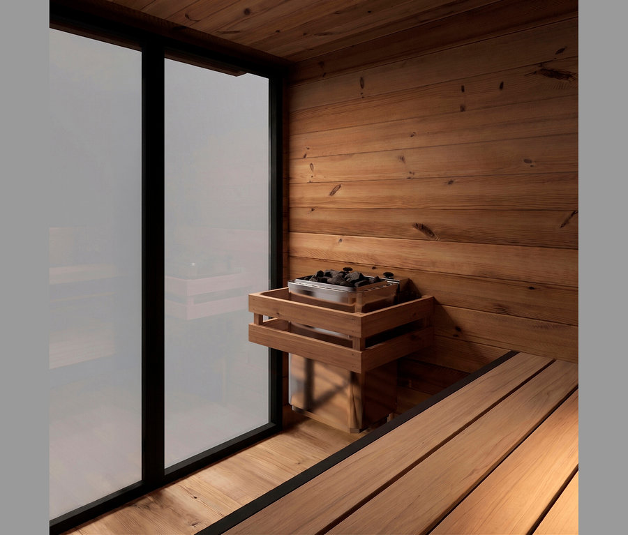 Innenansicht einer modernen Sauna mit hellen Holzwänden, -decke und -boden. Eine Holzbank verläuft entlang der rechten Seite. Ein metallener Saunaofen mit dunklen Steinen befindet sich in einem Holzrahmen an der Wand. Links ist ein großes, mattiertes Glasfenster mit schwarzem Rahmen.