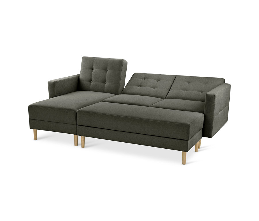 Dunkelgraues Eckschlafsofa mit Chaiselongue links, geknöpften Rückenlehnen und hellen Holzfüßen.
