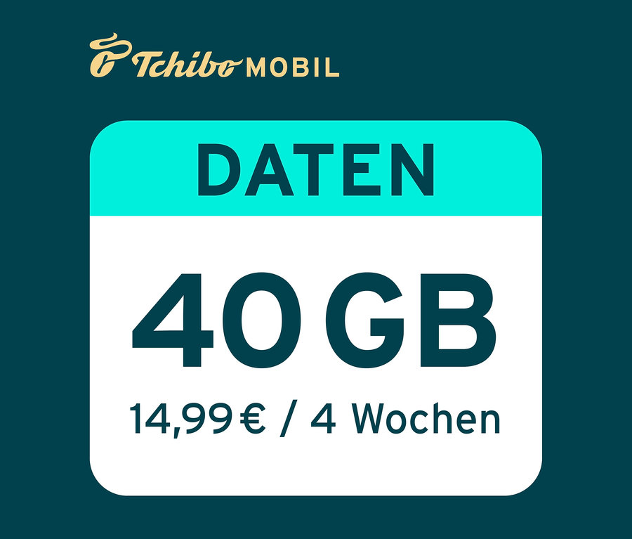 Tchibo Mobil Werbung für eine Datenoption mit 40 GB für 14,99 € / 4 Wochen.