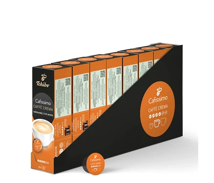Mehrere Packungen Cafissimo Caffè Crema vollmundig - 80 Kapseln sind in einer schwarzen Halterung aufgereiht.