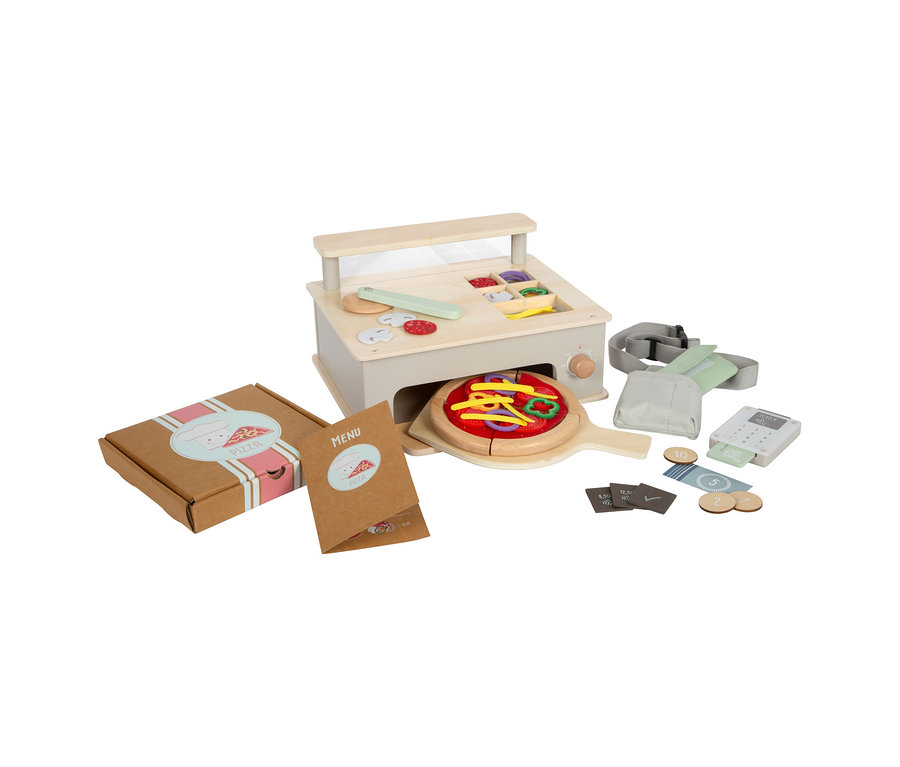 Pizza Spielzeugset mit Ofen, Pizza, Schachtel, Menü, Geld und Kasse.
