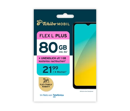Tchibo Mobil FLEX L PLUS Tarifpaket mit 80 GB inkl. 5G und unendlich oft 1 GB kostenlos nachbuchbar für 21,99 € pro 4 Wochen, mit Flex Family Rabatt und Telefónica Netz. Rechts ist ein Smartphone abgebildet, das Paket enthält jedoch nur die SIM-Karte.