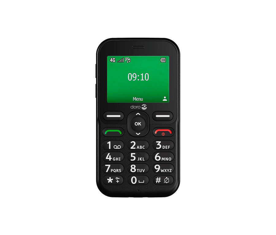 Schwarzes Doro Leva E10 LTE Mobiltelefon mit grünem Display, das 09:10 Uhr anzeigt, und großen Tasten.