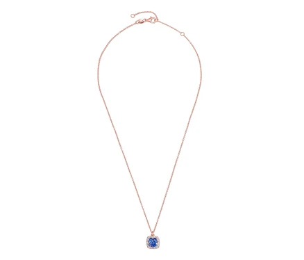 Halskette mit roségoldener Kette und blauem Anhänger.