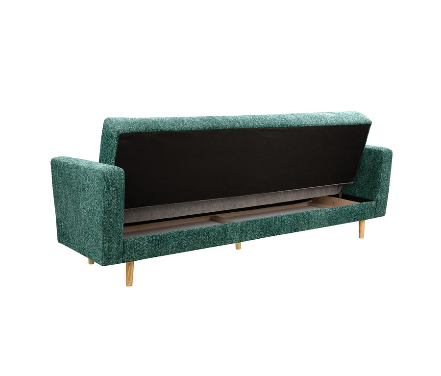 Grünes 3-Sitzer Schlafsofa Janny mit hochgeklappter Rückenlehne, die den Bettmechanismus zeigt.