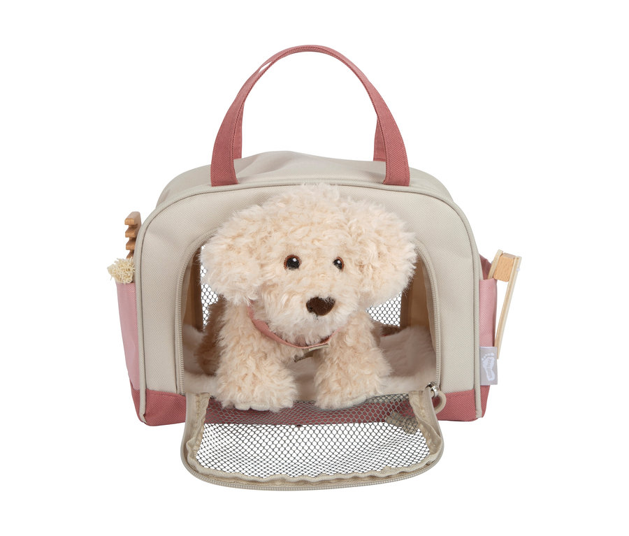 small foot Plüschhund mit Tasche und Pflege-Set: Beiger Plüschhund mit rosa Halsband in beiger und rosa Tragetasche, mit Pflegezubehör.