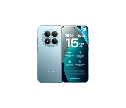 Blaues Xiaomi Redmi Note 15 Pro 5G Smartphone, Rückseite mit Kamera und Vorderseite mit Display, das Produktmerkmale wie 6580mAh Akku und 200MP Kamera anzeigt.
