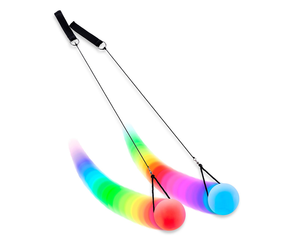 Ein Paar LED-Pois auf weißem Hintergrund. Die Bewegung der Pois erzeugt einen Regenbogeneffekt.