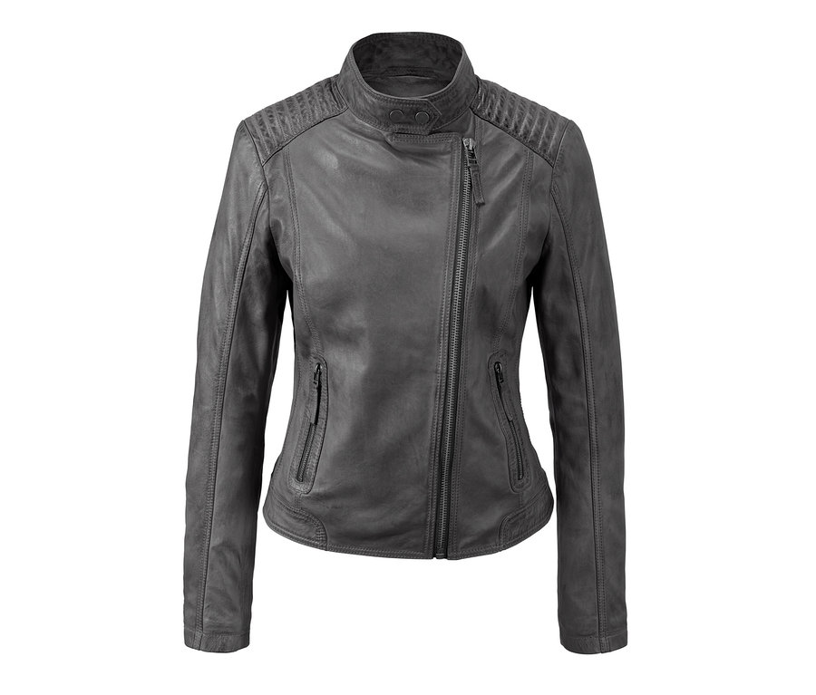 Graue Lederjacke mit asymmetrischem Reißverschluss.