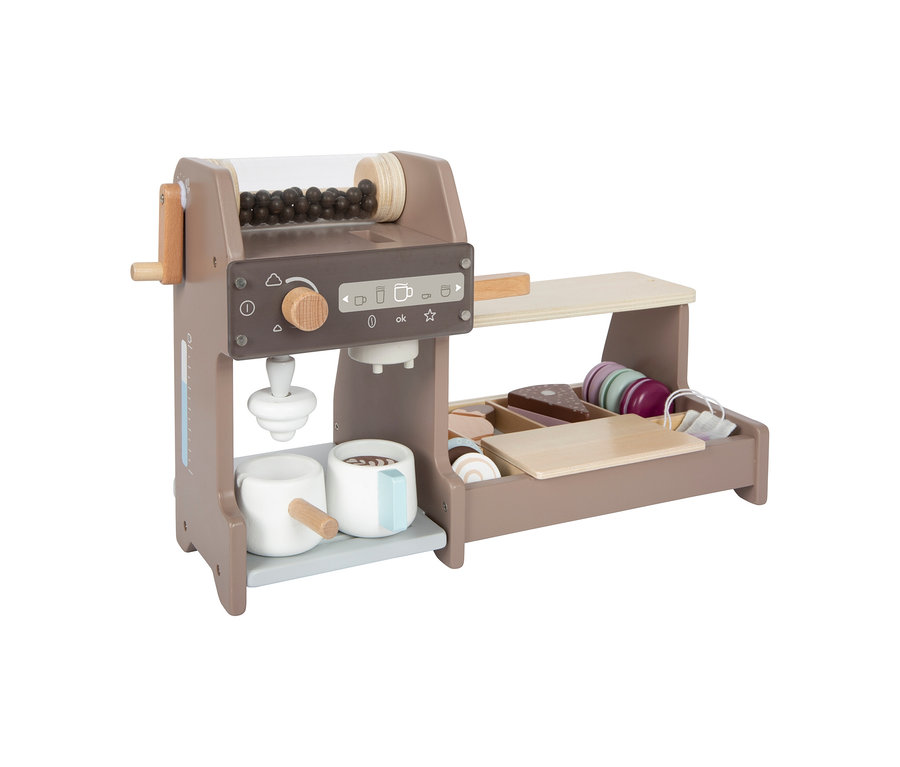 Ein small foot Barista-Set aus Holz in Braun und Grau, mit Kaffeebohnen, zwei Tassen und einer Ablage mit Spielzeuggebäck.