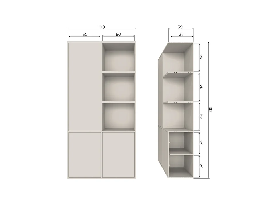 Ein hellgraues modulares Schranksystem in Vorder- und Seitenansicht. Die Vorderansicht zeigt einen linken Bereich mit zwei geschlossenen Türen und einen rechten Bereich mit drei offenen Regalböden über einer geschlossenen Tür. Maße: Breite 108, Höhe 215, Tiefe 39.