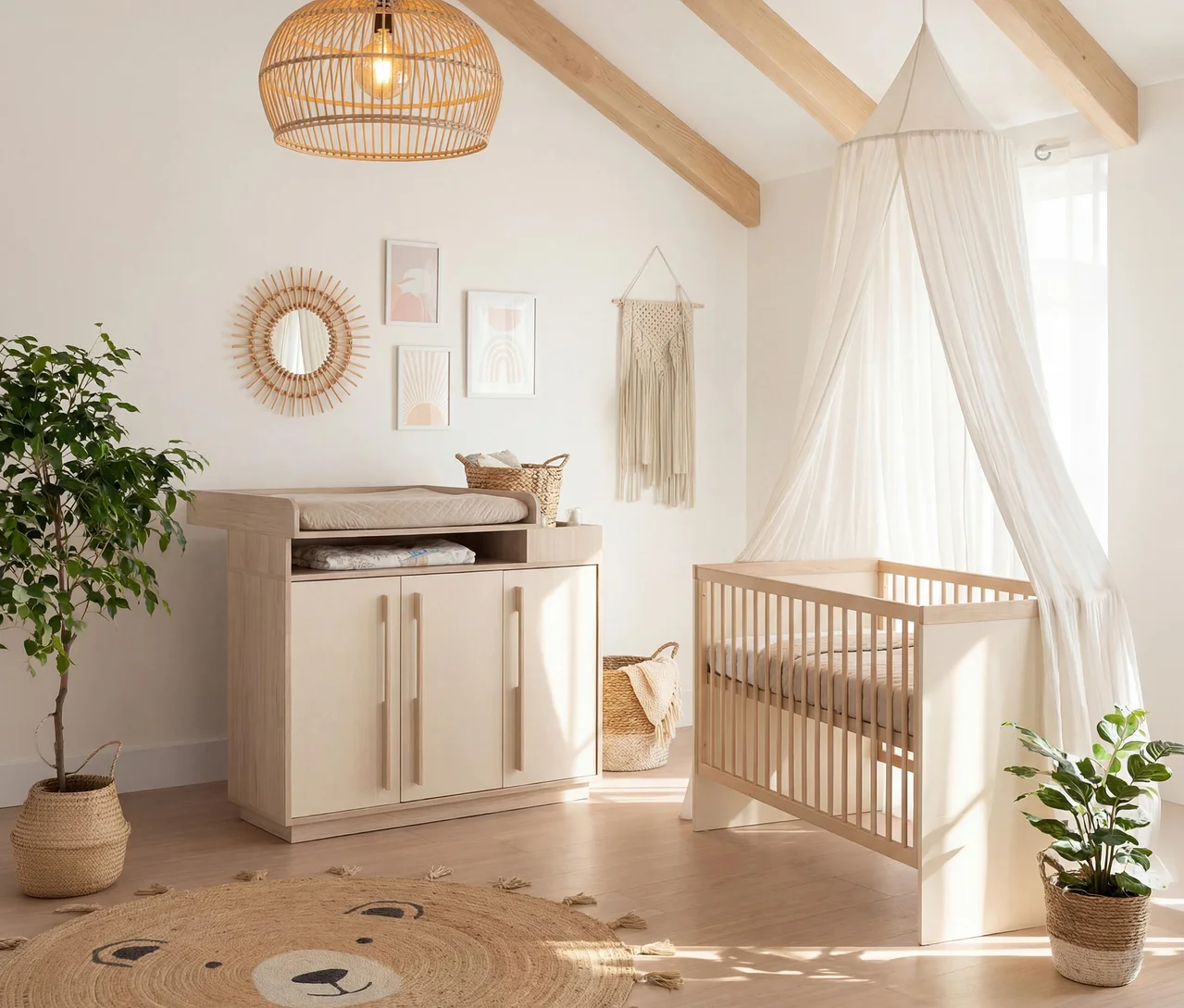 Babyzimmer mit hellem Wickeltisch, Gitterbett mit Baldachin, Pflanzen und einem Bären-Teppich auf dem Holzboden.