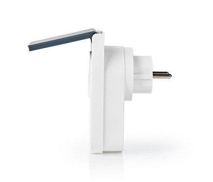 Weißer Netzadapter mit zweipoligem Stecker und dunkelgrauer Klappe, von der Seite gesehen.