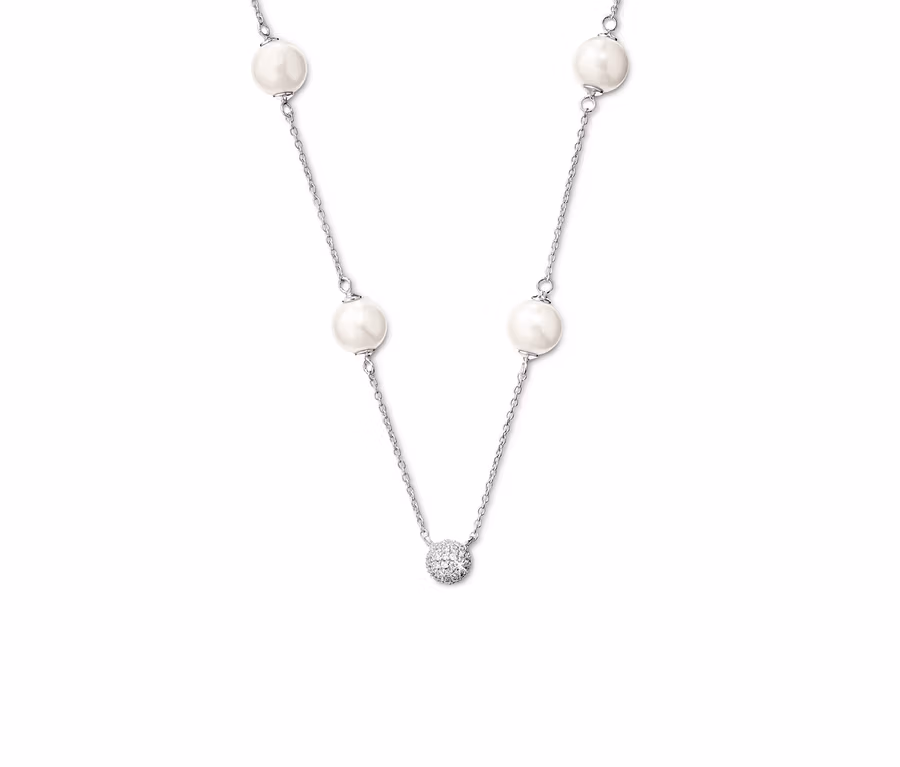 Kette aus 925 Silber mit Muschelkernperlen und Zirkonia-Kugel in Pavé-Fassung.