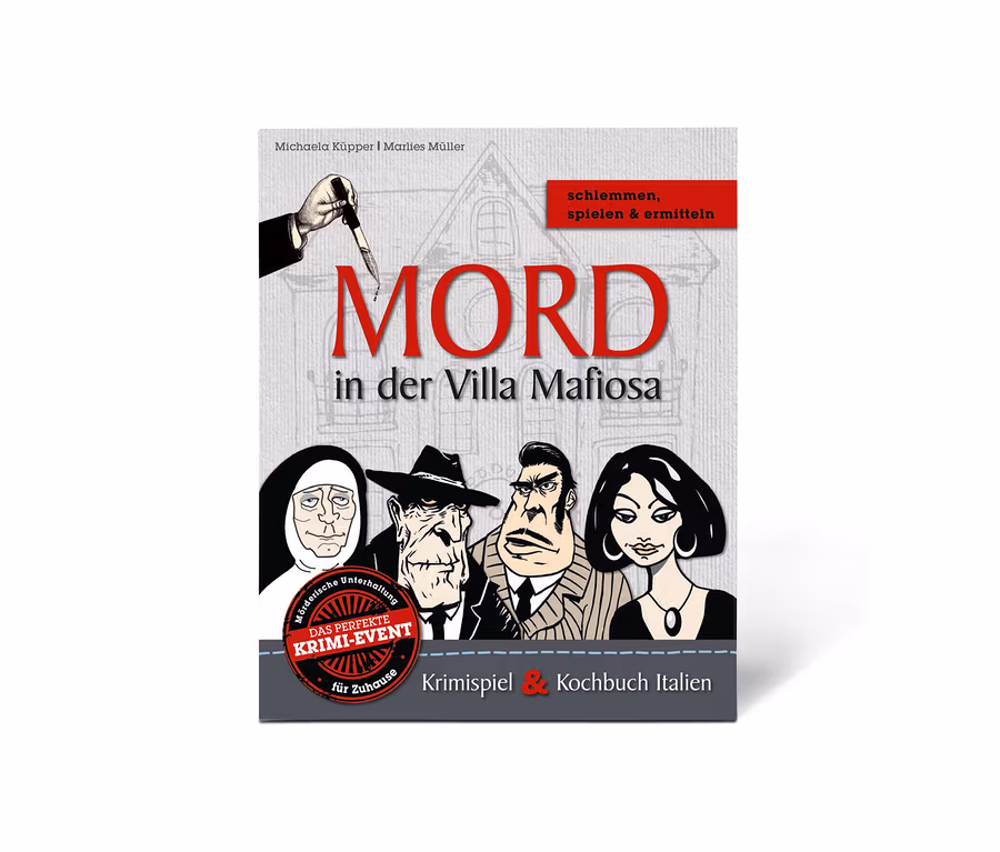 Cover des Krimispiels »Mord in der Villa Mafiosa« mit gezeichneten Figuren.