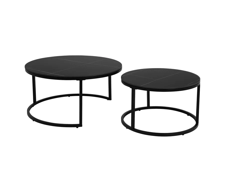 Zwei runde Hela Couchtische »Luis II« mit schwarzen Marmor-Look-Platten und schwarzen Metallgestellen, einer größer als der andere.