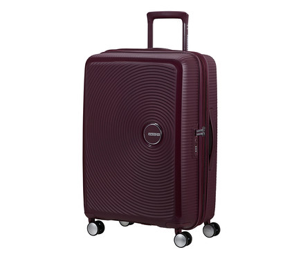 American Tourister Soundbox Spinner Hartschalen-Koffer in Wildkirschrot, mittel, mit spiralförmigem Muster und vier Rollen.