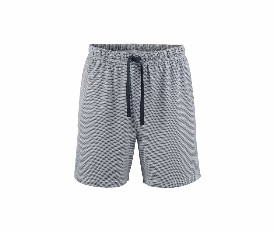 Graue Shorty-Pyjama Hose mit elastischem Bund und Kordelzug.