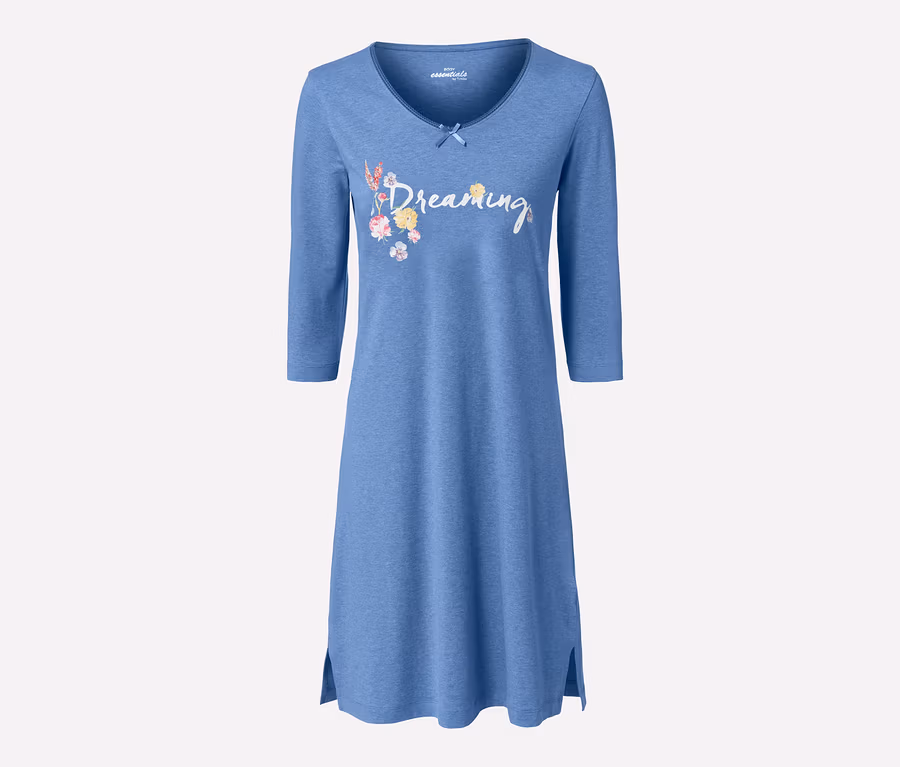 Blaues Nachthemd mit Dreiviertelärmeln und Blumendruck.