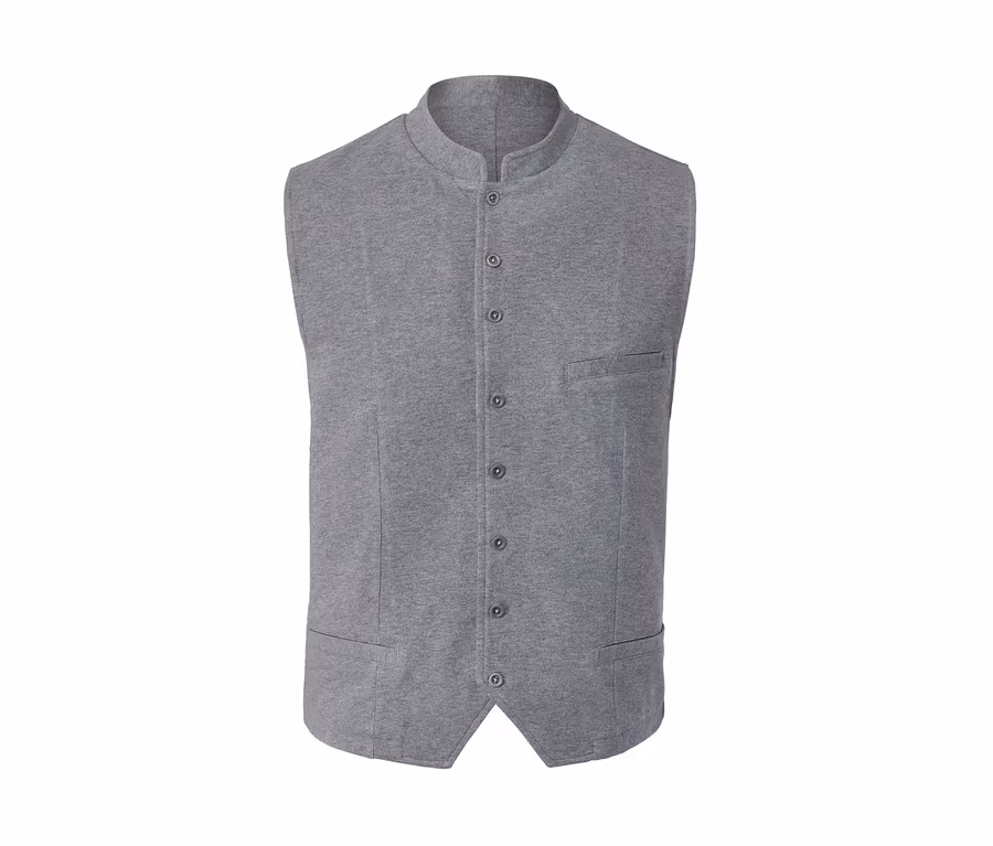 Graue Sweatweste mit Knöpfen und Taschen.