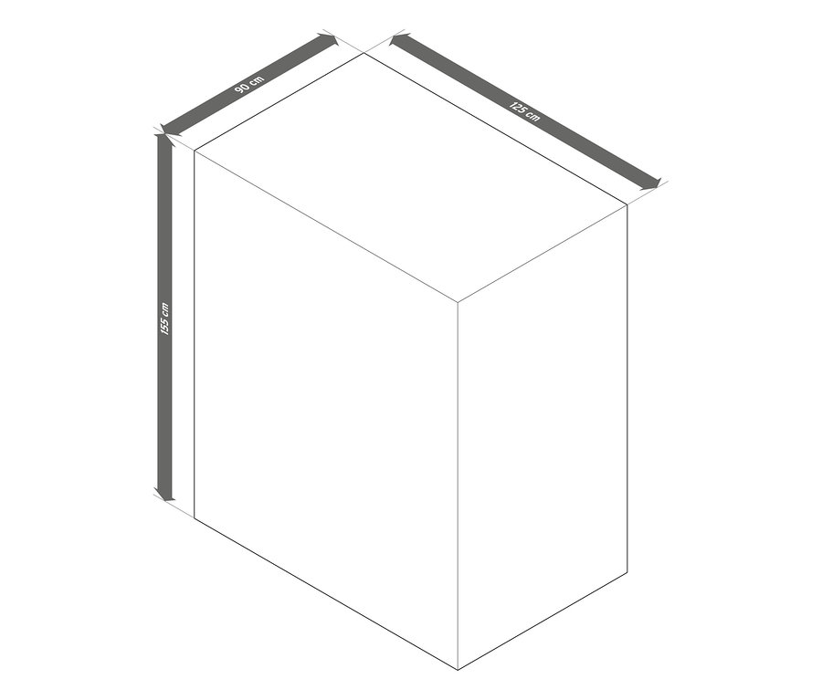 Diagramm der Abdeckhaube für Strandkorb XL mit den Maßen: 125 cm Länge, 90 cm Breite, 155 cm Höhe.