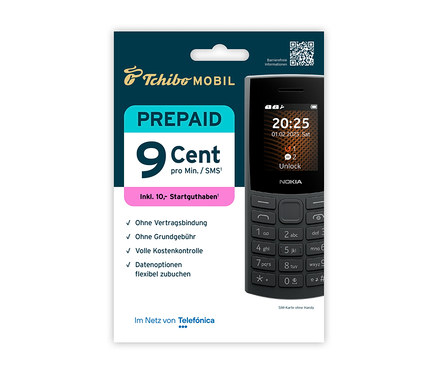 Verpackung eines Tchibo Mobil Prepaid-Tarifs mit einem schwarzen Nokia-Handy. Der Tarif kostet 9 Cent pro Minute.