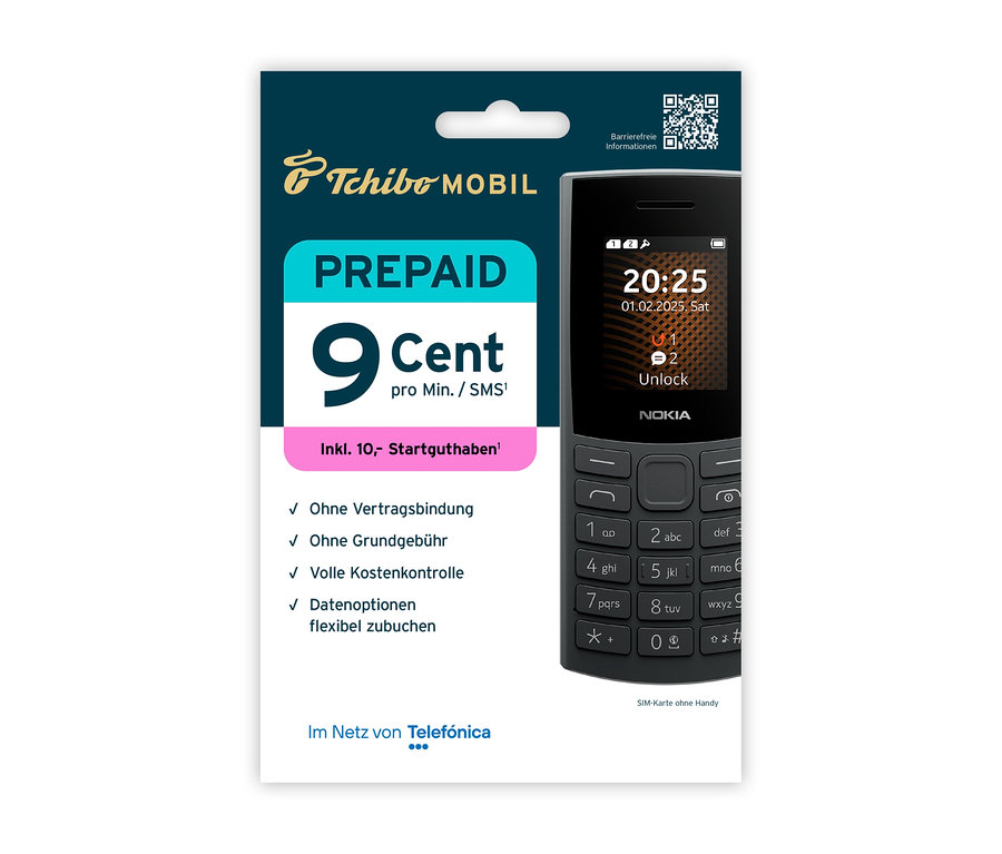 Verpackung eines Tchibo Mobil Prepaid-Tarifs mit einem schwarzen Nokia-Handy. Der Tarif kostet 9 Cent pro Minute.