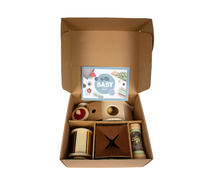 Offener Karton mit einem "BABY BOX"-Heft und verschiedenen Holz- und Stoffspielzeugen, darunter ein Holzhaus mit Ball, eine Rassel und ein Stoffwürfel.