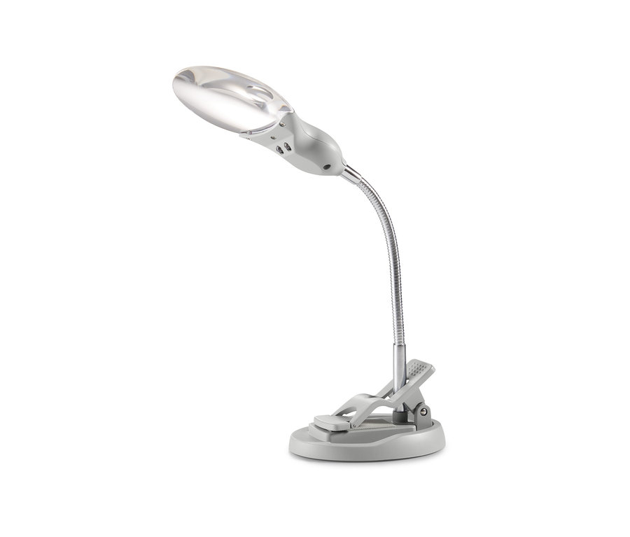 Silberfarbene Arbeitslupe mit LED-Beleuchtung.
