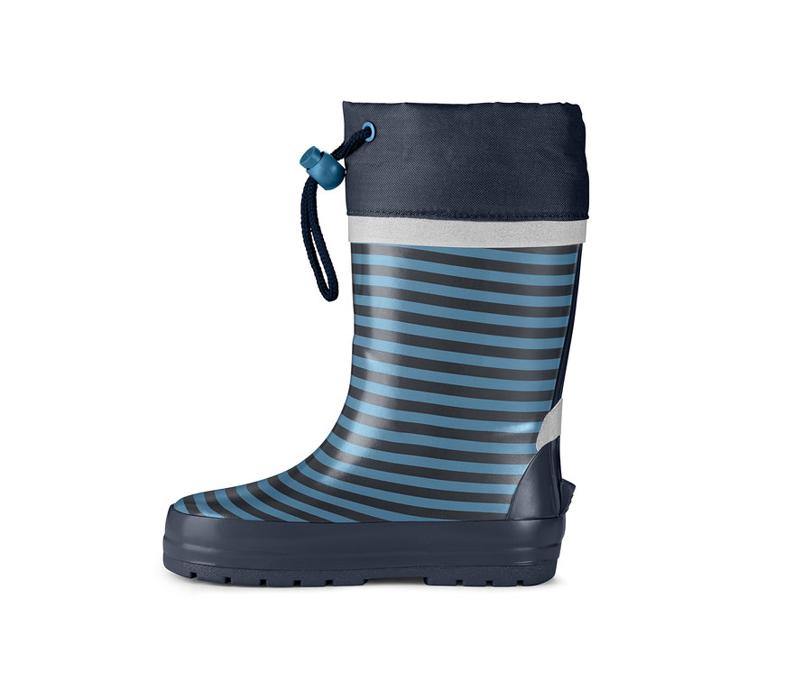 Gestreifter Kinder-Regenstiefel in Blau und Schwarz.
