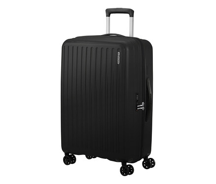 Schwarzer American Tourister Rejoy Spinner Koffer, mittel, mit ausziehbarem Griff und vier Rollen.