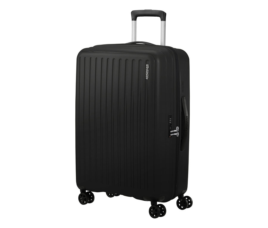 Schwarzer American Tourister Rejoy Spinner Koffer, mittel, mit ausziehbarem Griff und vier Rollen.