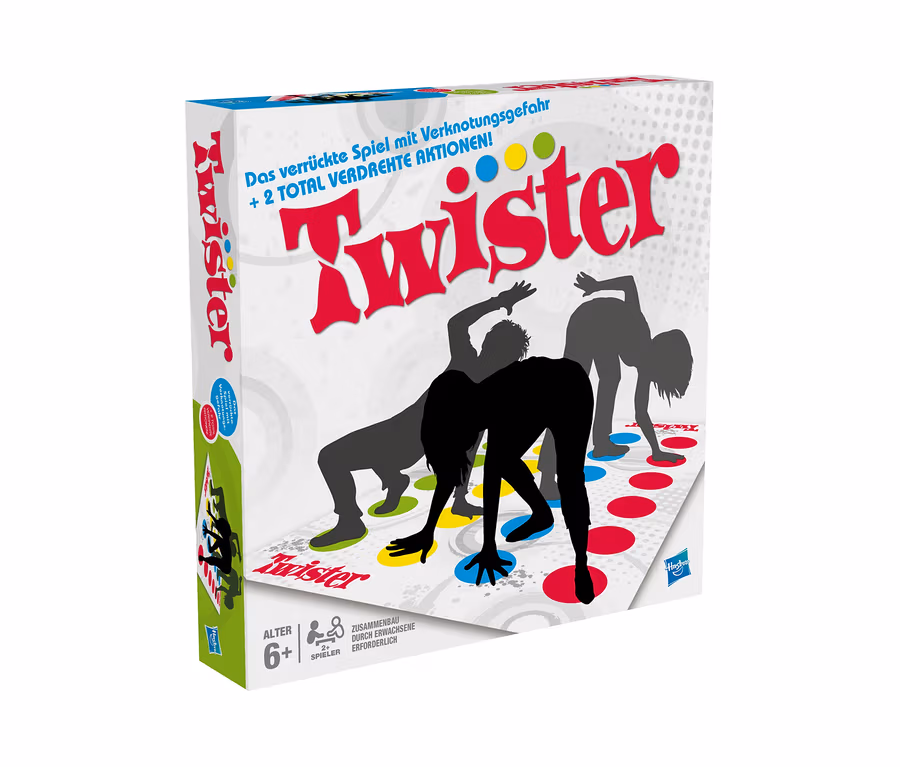 Verpackung von Hasbro »Twister«. Auf der Verpackung sind Silhouetten von Personen abgebildet, die das Spiel spielen.