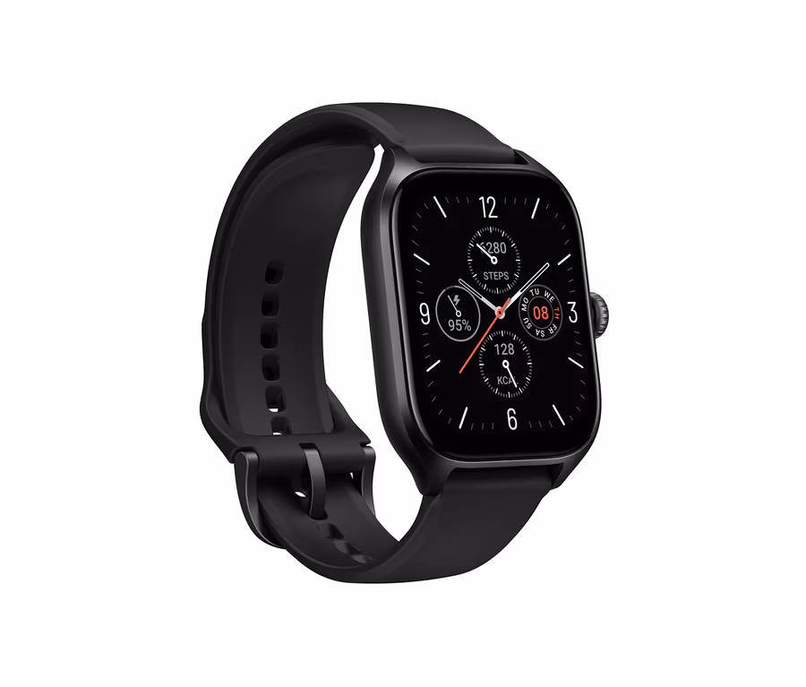 Detailansicht der schwarzen Smartwatch mit schwarzem Armband, die ein Zifferblatt anzeigt.