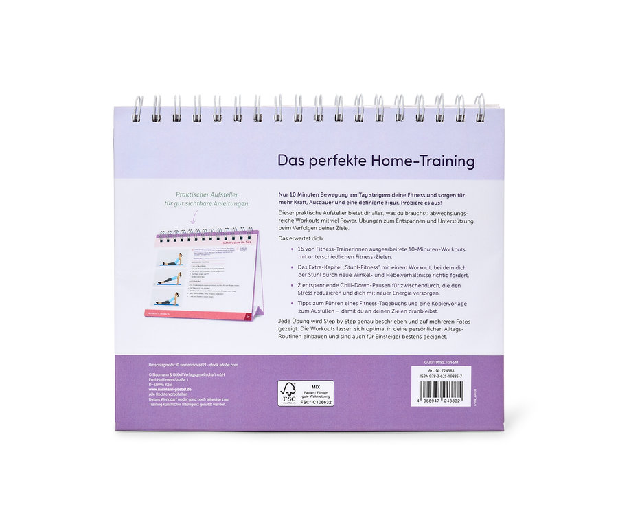 Ein Trainingsplaner mit dem Titel "Das perfekte Home-Training" und einem praktischen Aufsteller für gute Anleitungen.