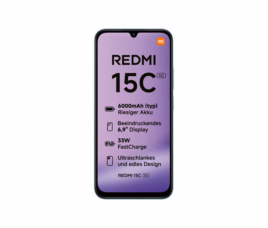 Nahaufnahme des Xiaomi Redmi 15C 5G in Mint Green, mit Produktdetails auf dem Bildschirm.