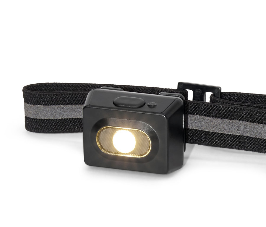 Nahaufnahme einer schwarzen Stirnlampe.