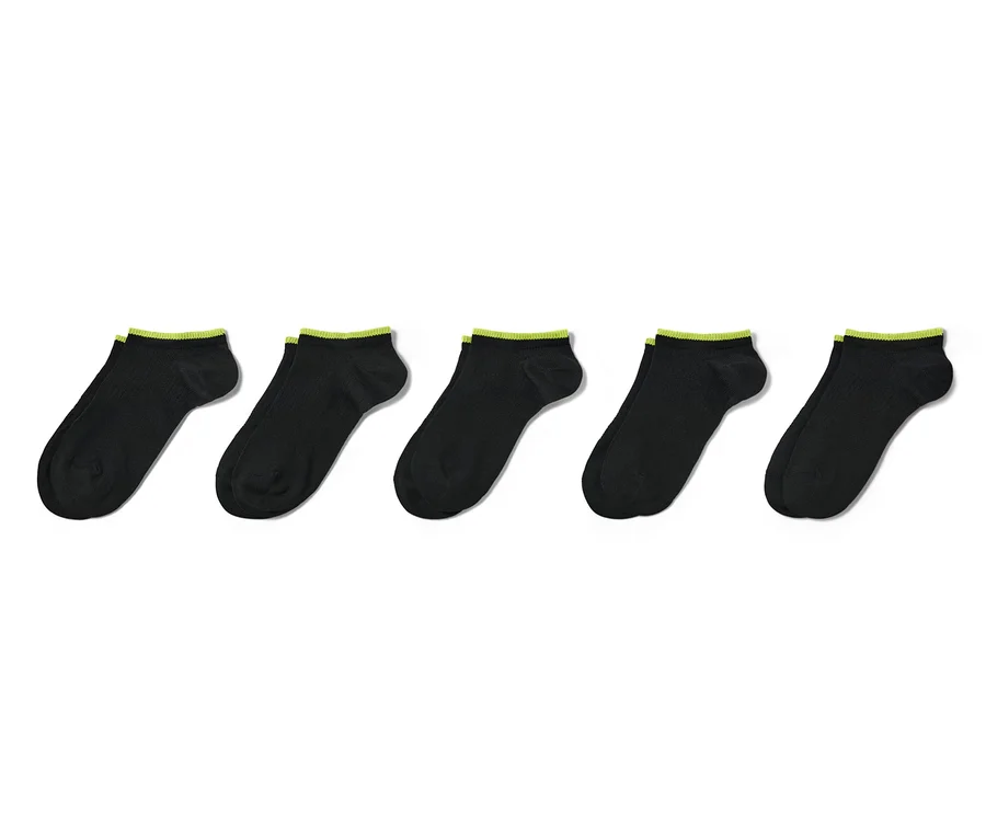Fünf Paar schwarze Kinder-Sportsocken mit neon-grünem Rand. 5 Kinder-Sportsocken.
