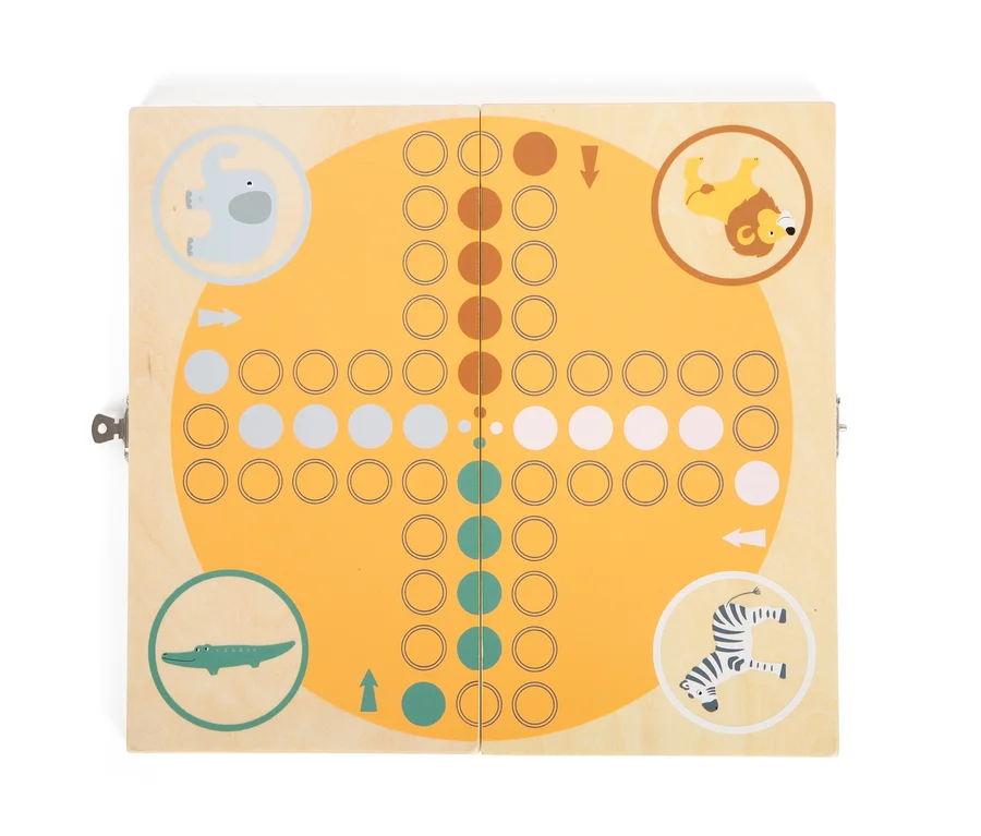 small foot Ludo »Safari« Spielbrett mit Illustrationen von Elefant, Löwe, Krokodil und Zebra.