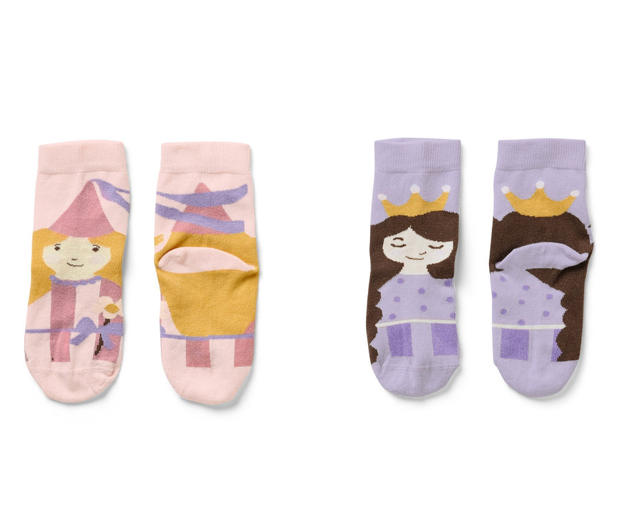Zwei Paar Kinder-Socken mit Prinzessinnen-Motiv.