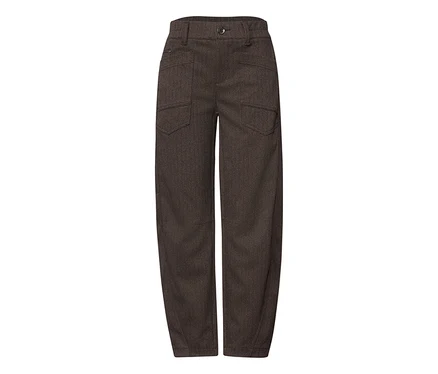 Dunkelbraune Street One Stoffhose mit Fischgrätmuster, Knopfverschluss und aufgesetzten Taschen.