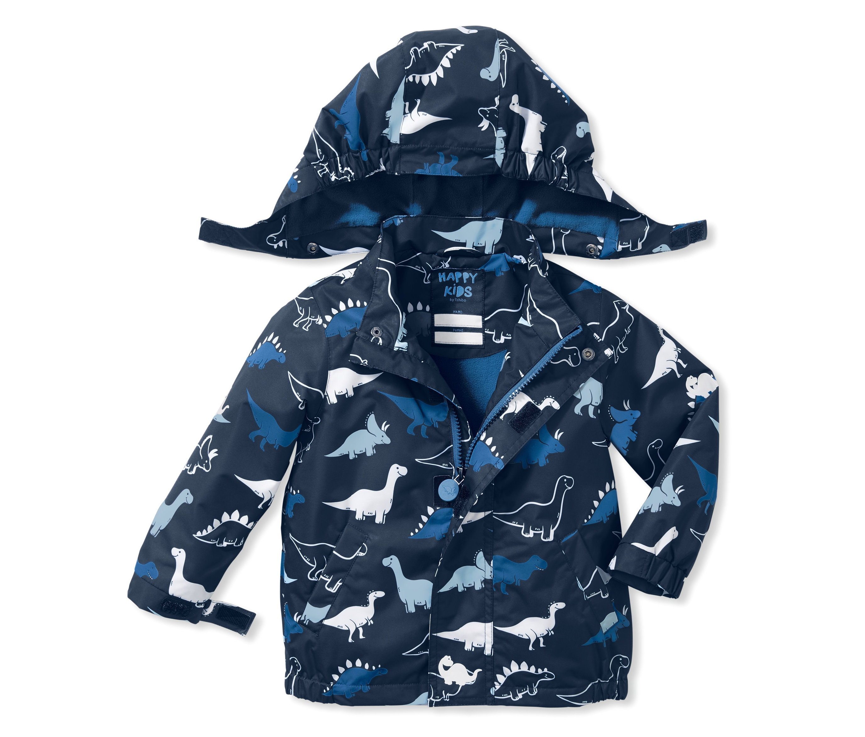 Dunkelblaue Jacke mit Kapuze und Dinosaurier-Print.