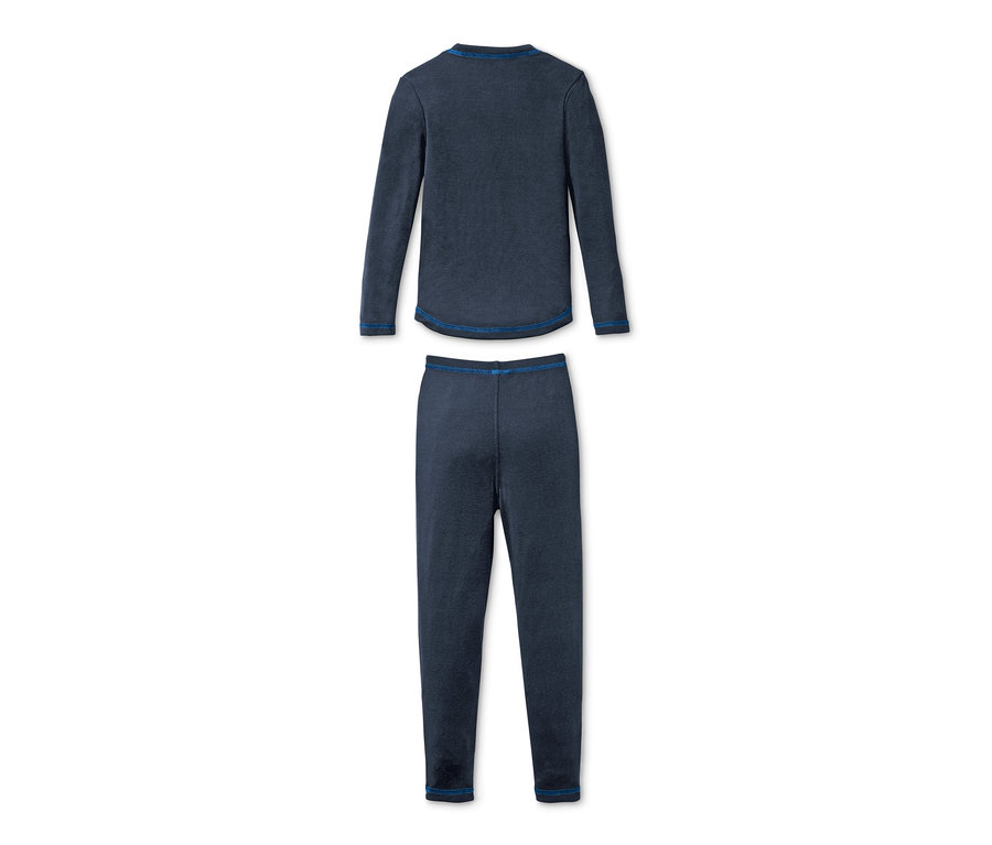Blaue Funktionsunterwäsche, bestehend aus einem langärmligen Oberteil und einer Hose.
