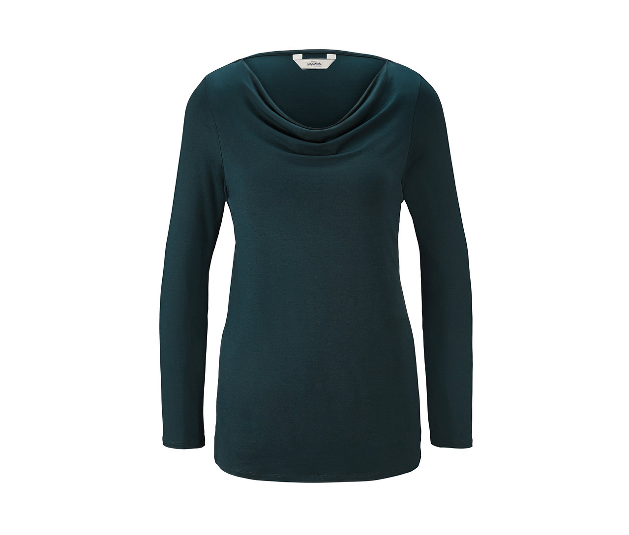 Dunkelgrünes Shirt mit Wasserfall-Ausschnitt.