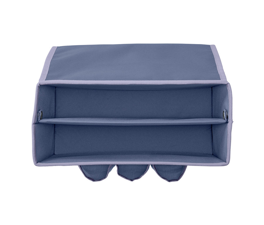 Draufsicht auf eine blaue Bett-Ablagebox mit zwei Regalböden und drei Taschen.